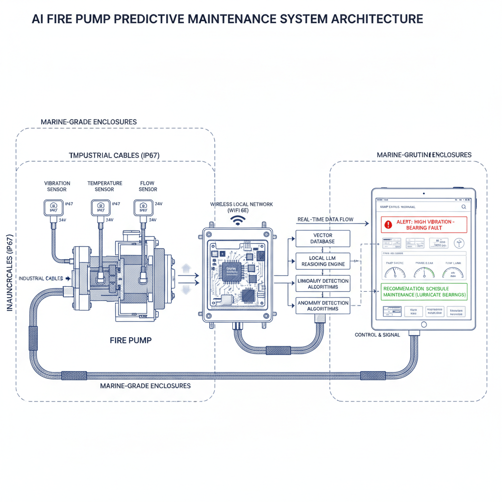 Diagram displaying the architecture of an AI-based predictive maintenance system for a marine fire pump. It shows connections from multiple onboard sensors (vibration, temperature, pressure, flow) routed to an edge gateway device, which hosts onboard AI processing, a vector database, and a local large language model. The diagram illustrates data flow paths from sensors through processing layers to a user dashboard providing real-time alerts and actionable maintenance recommendations, with all components marked as marine-rated and protected for harsh environments