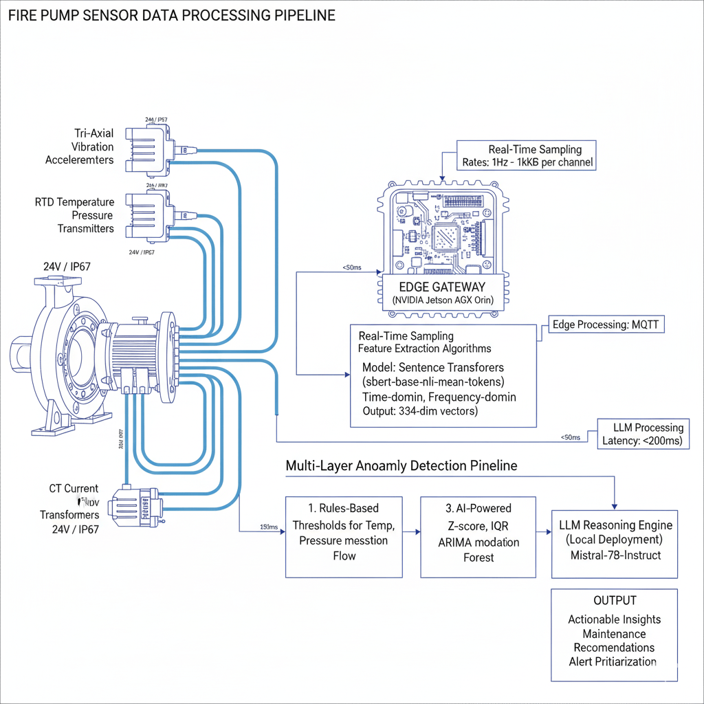 Technical flowchart depicting the data journey from different fire pump sensors—vibration, temperature, pressure, flow, and current—through an edge gateway. The steps include data acquisition, feature extraction, vector embedding, storage in a vector database, multi-level anomaly detection algorithms, and final AI-driven diagnostics using a local language model. The diagram clearly highlights processing rates, data conversions, and output points for maintenance insights.