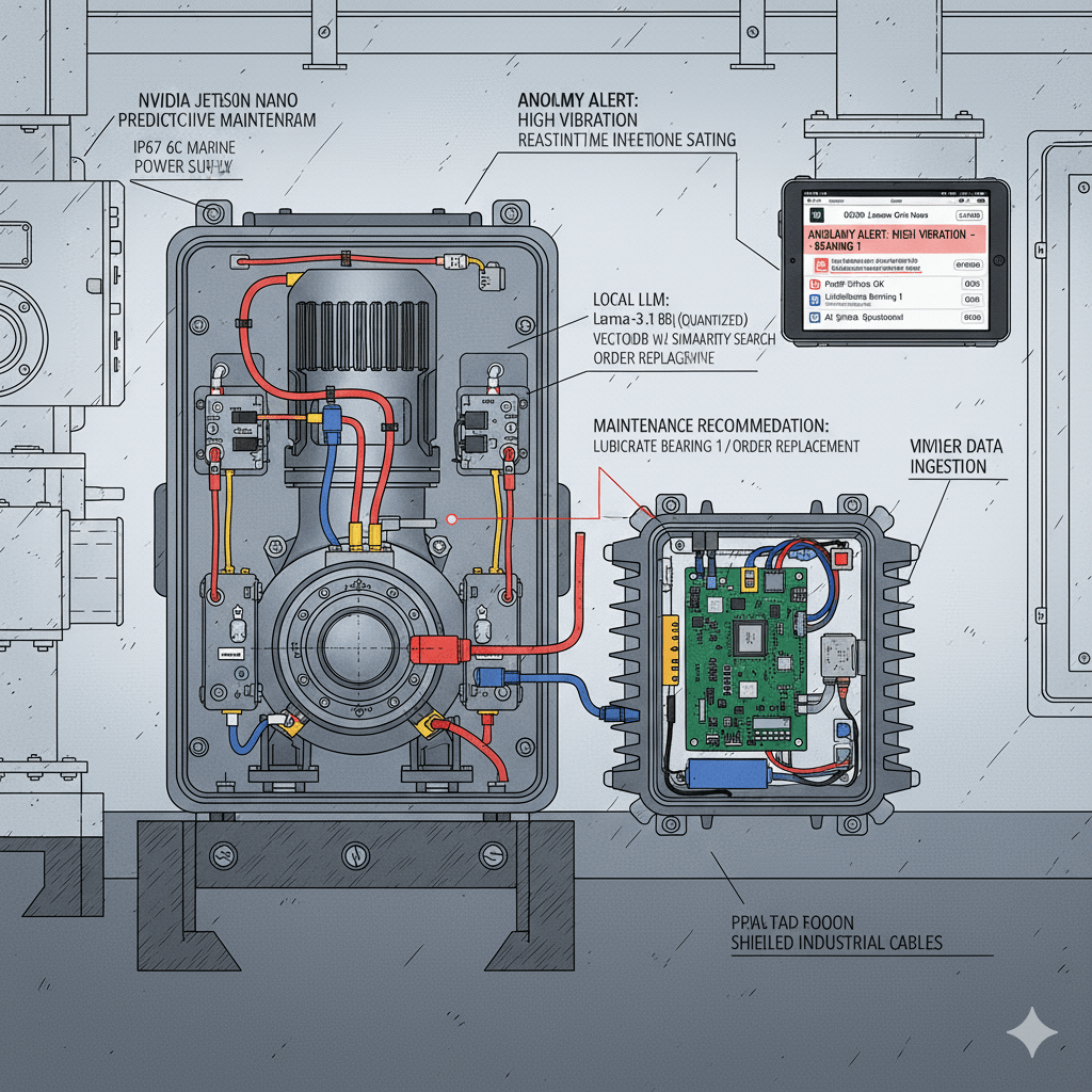 Cross-section illustration of a ship’s engine room showing a fire pump installation equipped with industrial-grade sensors connected to an enclosed edge computing unit (NVIDIA Jetson Orin Nano). The hardware stack includes power supplies, storage, wireless modules, and environmental shielding. Overlays detail the local AI model running on the device, real-time monitoring dashboards, and show a crew member accessing maintenance alerts on a ruggedized tablet. Each system component is indicated as suitable for marine conditions and continuous operation