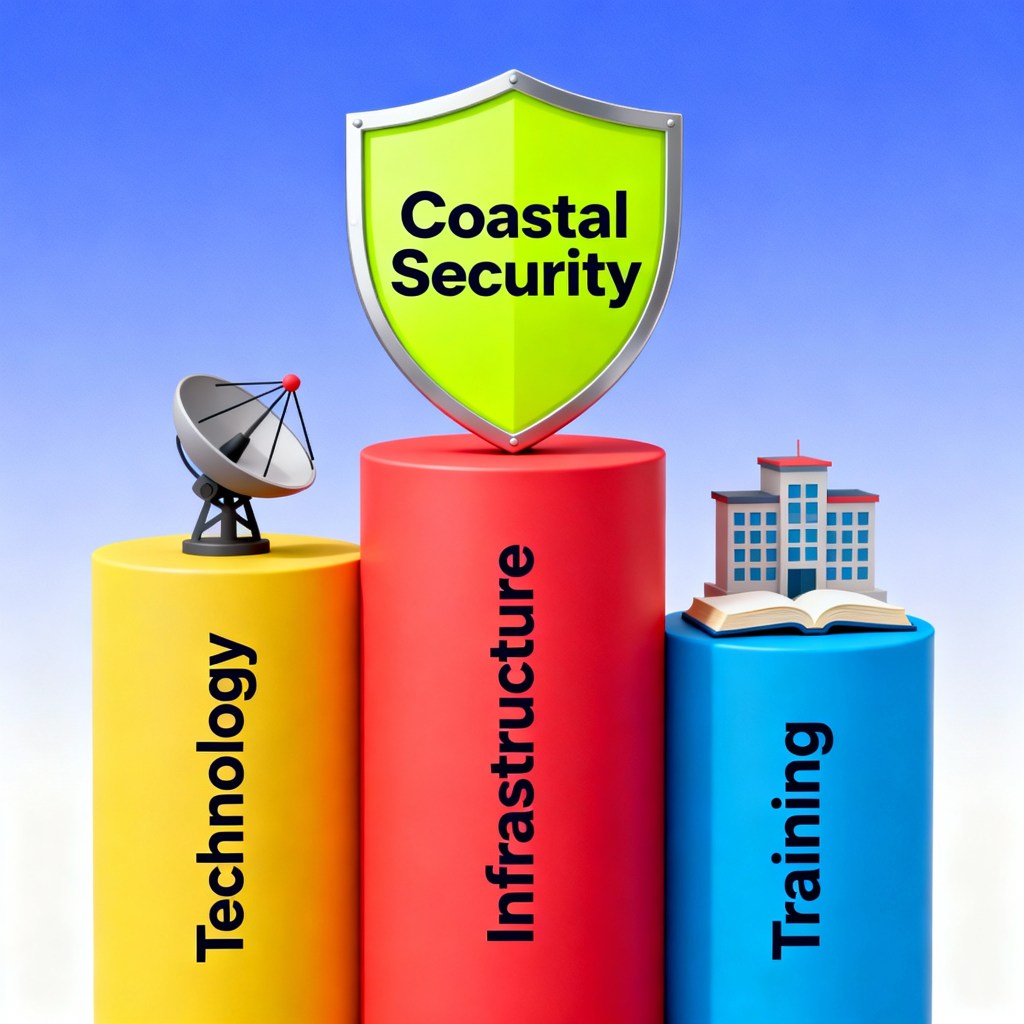 An illustration depicting three colorful columns labeled 'Technology', 'Infrastructure', and 'Training', with a shield marked 'Coastal Security' on top, alongside a satellite dish and a building with a book.